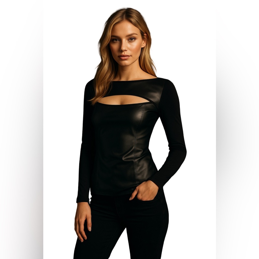 Bailey 44 Faux Leather Cutout Top Black Long Sleeve Fitted Shirt Womens Small